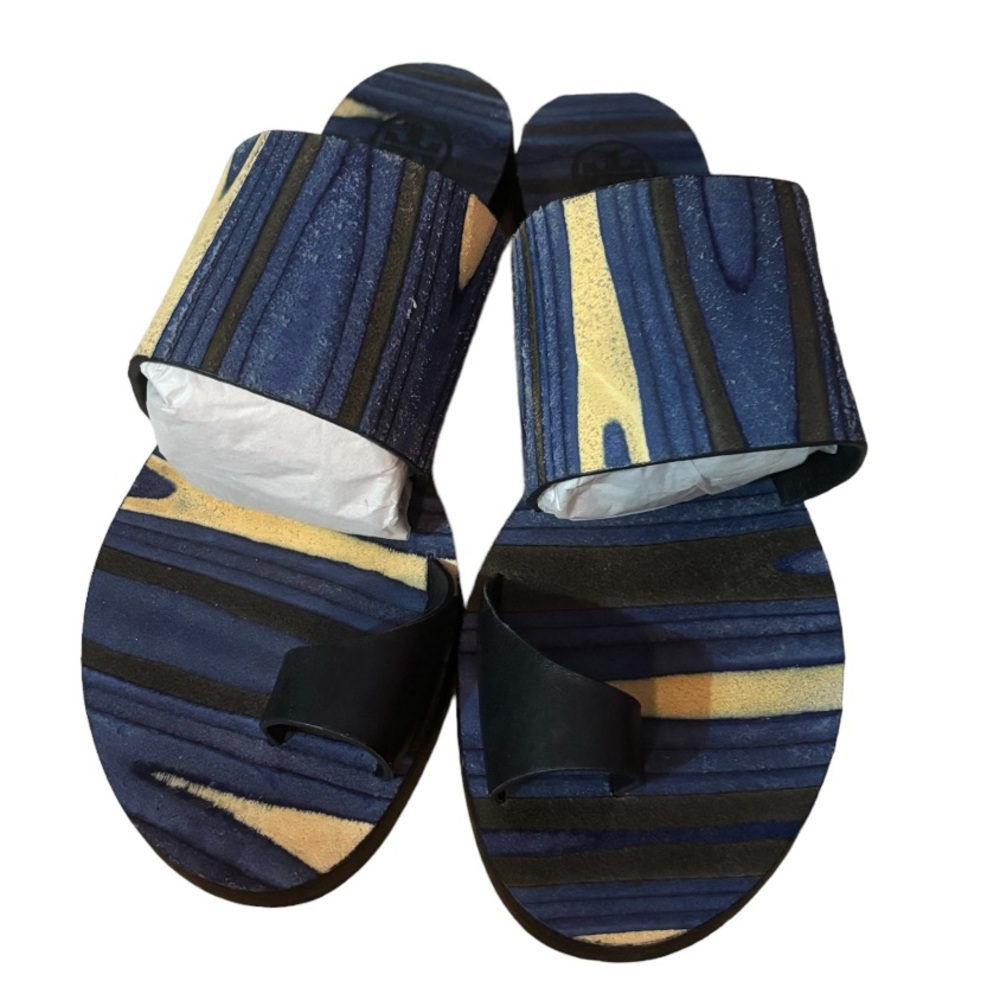 Tory Burch, blue multicolor swirl flat sandals